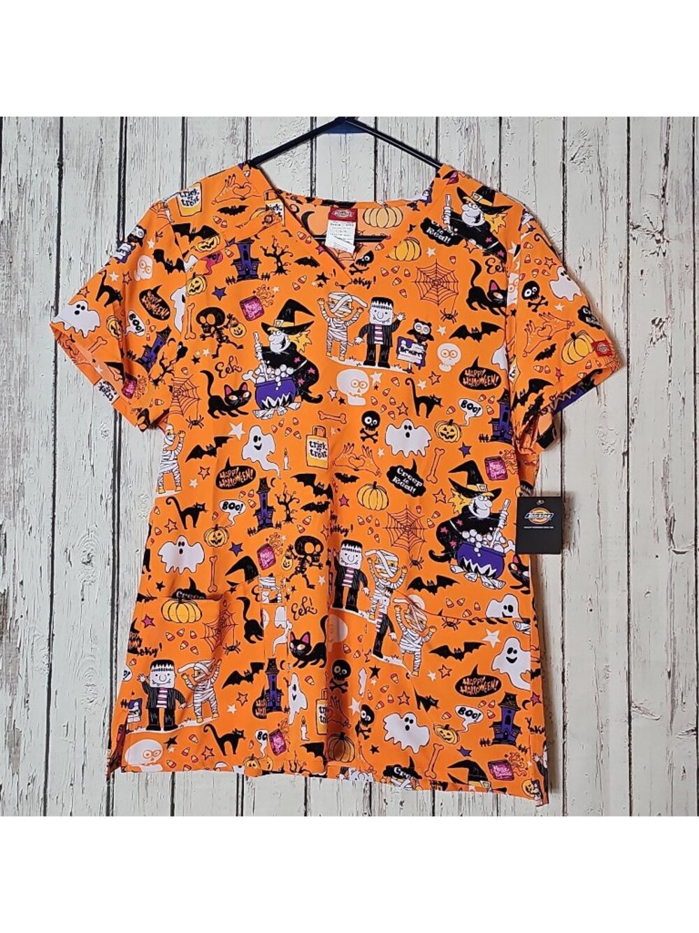 Dickies Uniform Scrub Top Halloween Orange "Trick or Treat" Black Cats Witches L